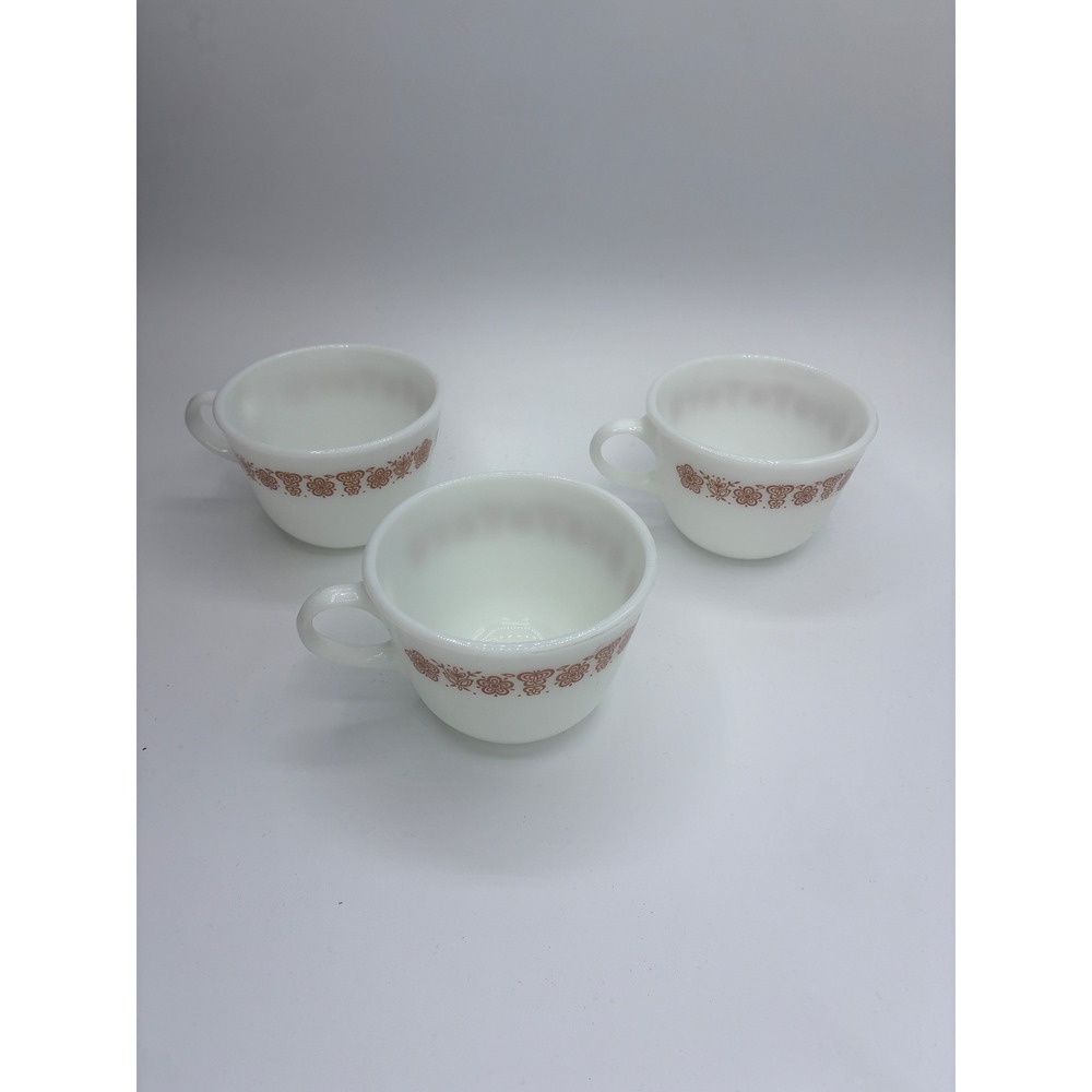 Pyrex Milk Glass Coffee Tea Cups Brown Floral Pattern Set of 3 Vintage